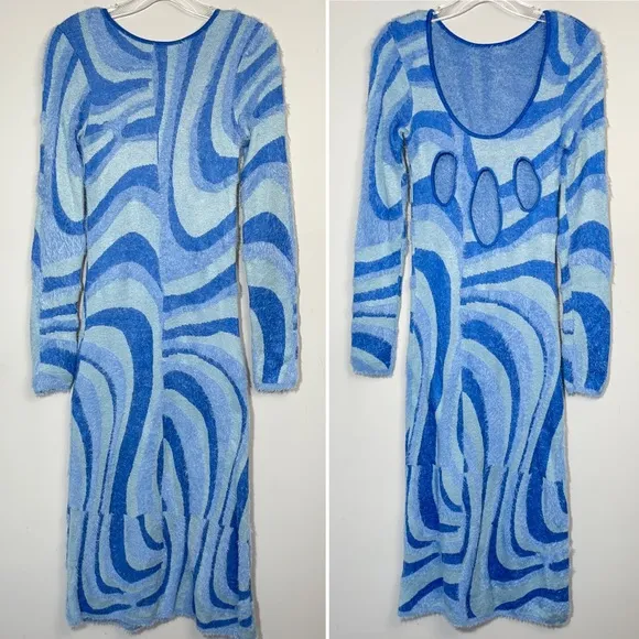 House of Sunny Blue Moon Midi Dress Size 2 Blogger Favorite Fuzzy Cut out Back