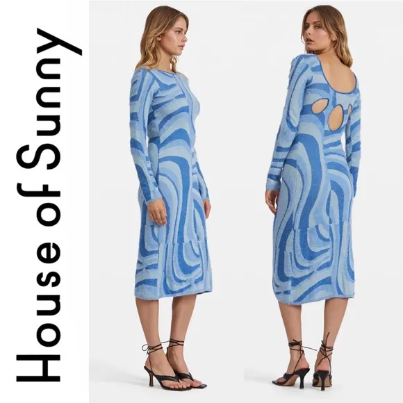 House of Sunny Blue Moon Midi Dress Size 2 Blogger Favorite Fuzzy Cut out Back