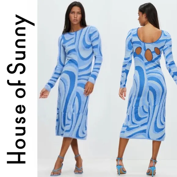 House of Sunny Blue Moon Midi Dress Size 2 Blogger Favorite Fuzzy Cut out Back