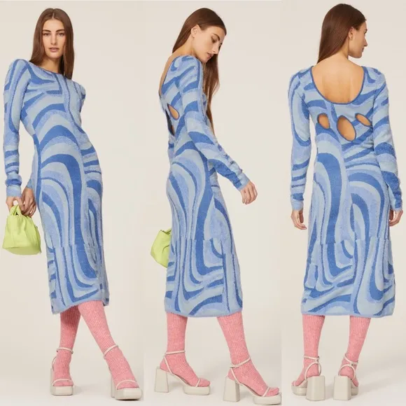 House of Sunny Blue Moon Midi Dress Size 2 Blogger Favorite Fuzzy Cut out Back