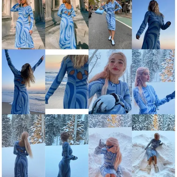 House of Sunny Blue Moon Midi Dress Size 2 Blogger Favorite Fuzzy Cut out Back