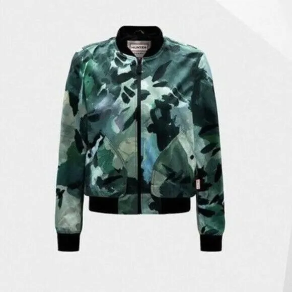 Hunter 3 Layer Botanical Gardens Green Bomber Jacket Size 4 Water Resistant