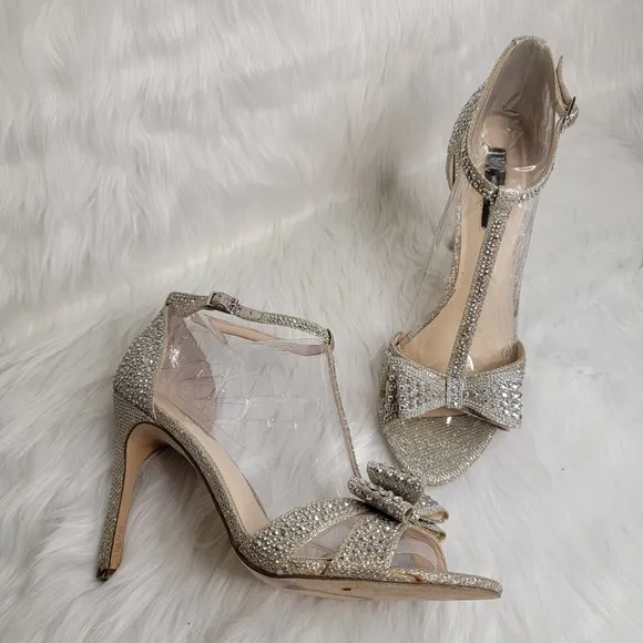 INC Silver rhinestones open toe bow heels.