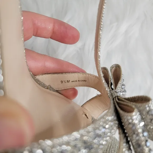 INC Silver rhinestones open toe bow heels.