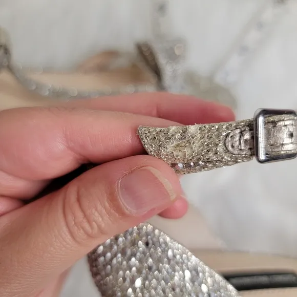 INC Silver rhinestones open toe bow heels.