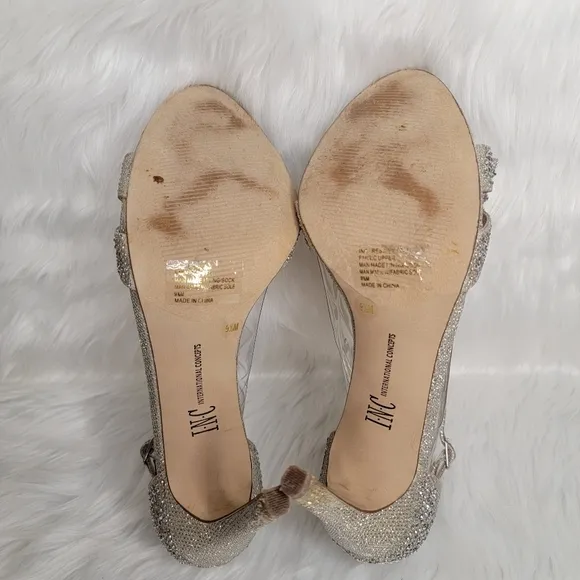 INC Silver rhinestones open toe bow heels.