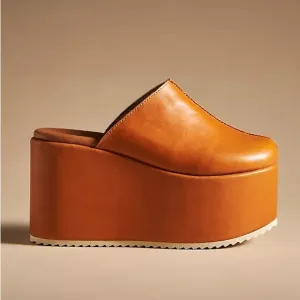 Intentionally Blank Anthropologie Tan Leather Mega Platform Clogs Mules 36