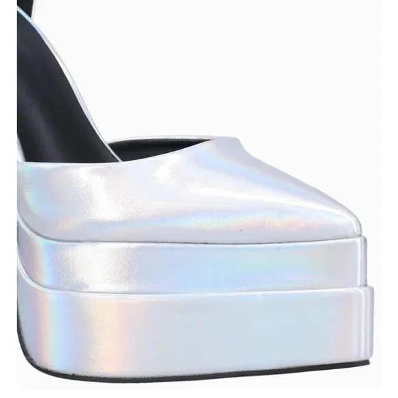 Iridescent silver junky heels sandal platform point toe