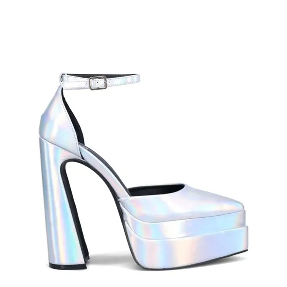 Iridescent silver junky heels sandal platform point toe