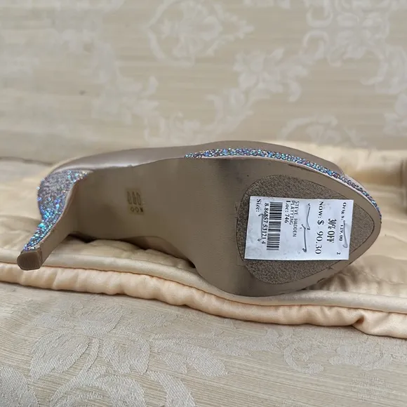 It is New silk beige open toe with high heels and platform