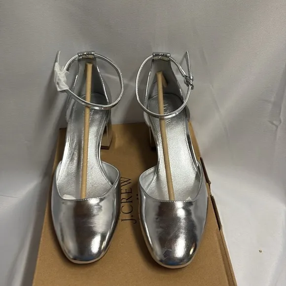 J. Crew Ankle-Strap Heels Silver Metallic Size 9.5 New in Box