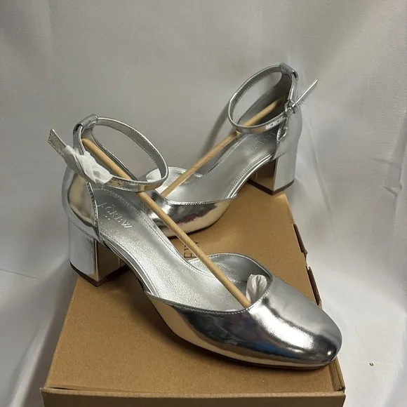 J. Crew Ankle-Strap Heels Silver Metallic Size 9.5 New in Box