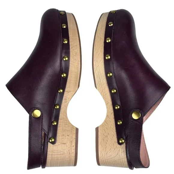 J. CREW BJ799 PORT RED STUDDED CHERRY LEATHER WOODEN CONVERTIBLE SLIP ON CLOGS