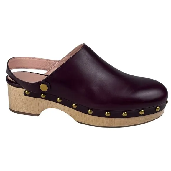 J. CREW BJ799 PORT RED STUDDED CHERRY LEATHER WOODEN CONVERTIBLE SLIP ON CLOGS