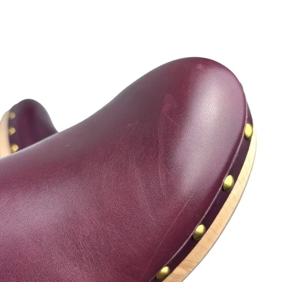 J. CREW BJ799 PORT RED STUDDED CHERRY LEATHER WOODEN CONVERTIBLE SLIP ON CLOGS
