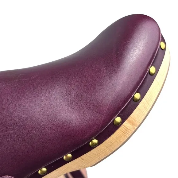 J. CREW BJ799 PORT RED STUDDED CHERRY LEATHER WOODEN CONVERTIBLE SLIP ON CLOGS