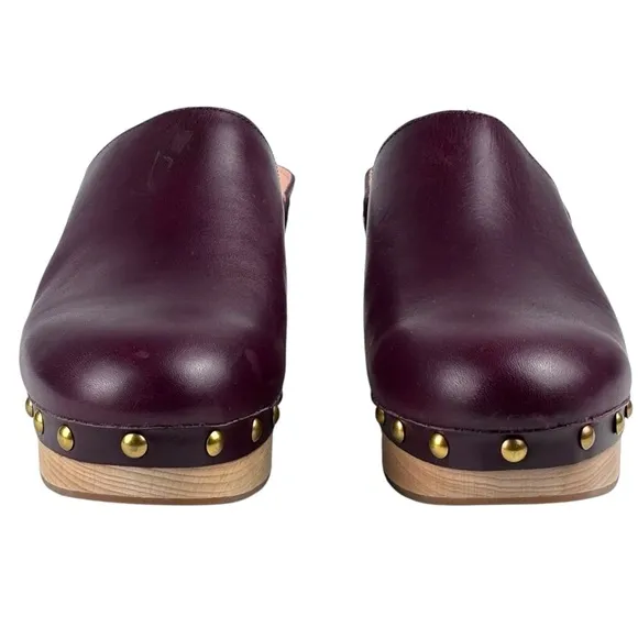J. CREW BJ799 PORT RED STUDDED CHERRY LEATHER WOODEN CONVERTIBLE SLIP ON CLOGS