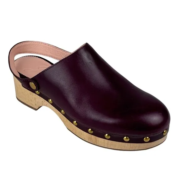 J. CREW BJ799 PORT RED STUDDED CHERRY LEATHER WOODEN CONVERTIBLE SLIP ON CLOGS