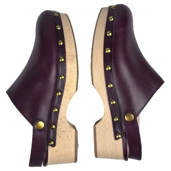 J. CREW BJ799 PORT RED STUDDED CHERRY LEATHER WOODEN CONVERTIBLE SLIP ON CLOGS