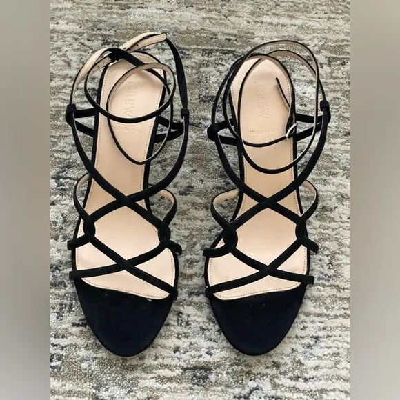 J. Crew Black Suede Leather Ankle‎ Strap Open Toe Strappy Heels size 9