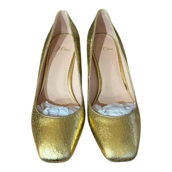 J. Crew Celia Gold Crackle Block Heels Pumps Size 7