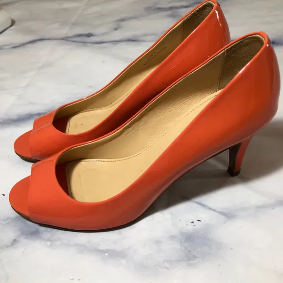 J. Crew Coral Orange Drea Patent Peep Toe Pumps