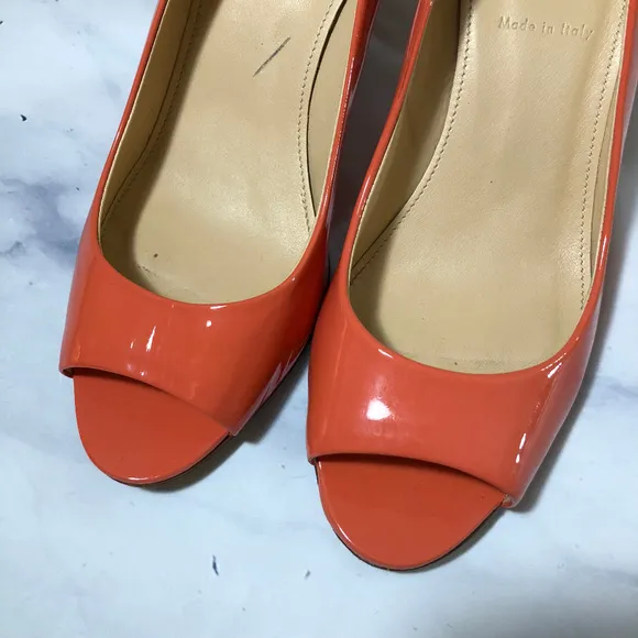 J. Crew Coral Orange Drea Patent Peep Toe Pumps