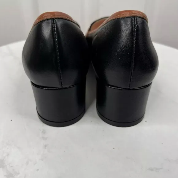 J Crew Kate Leather Black White Tan Trim Loafer Pumps Block Heels
