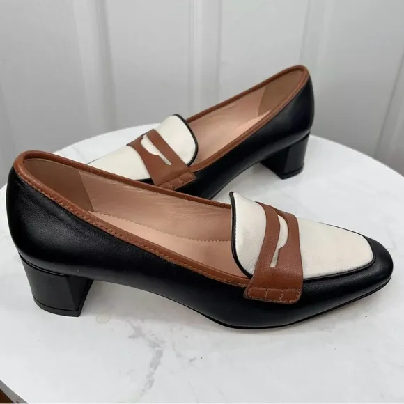 J Crew Kate Leather Black White Tan Trim Loafer Pumps Block Heels