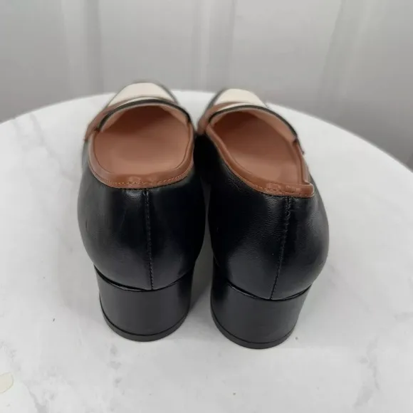 J Crew Kate Leather Black White Tan Trim Loafer Pumps Block Heels