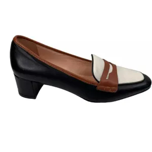 J Crew Kate Leather Black White Tan Trim Loafer Pumps Block Heels