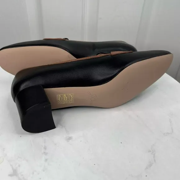 J Crew Kate Leather Black White Tan Trim Loafer Pumps Block Heels