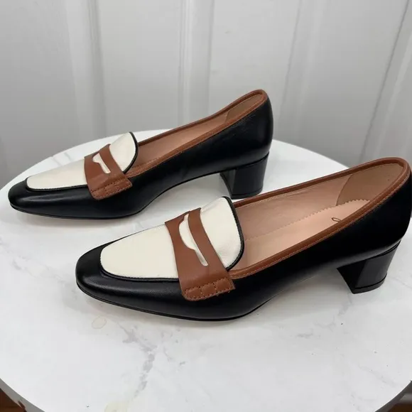 J Crew Kate Leather Black White Tan Trim Loafer Pumps Block Heels