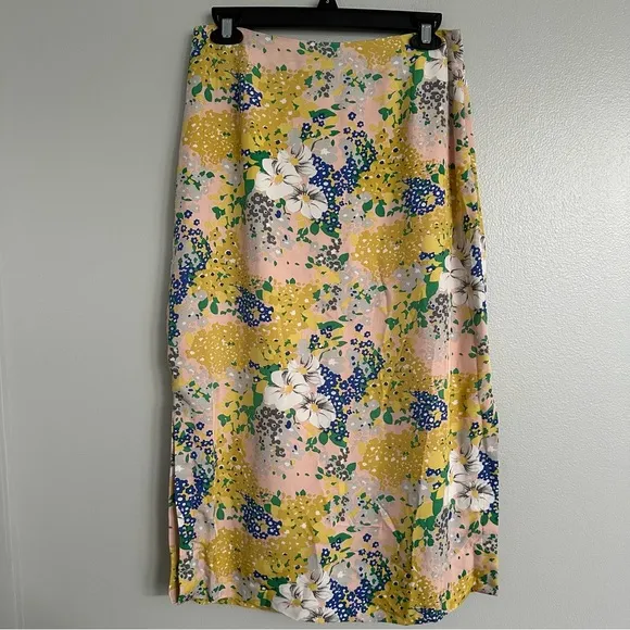 J Crew Lemon Floral Midi Slip Skirt In Floral Subtle Pink Gold Size 6