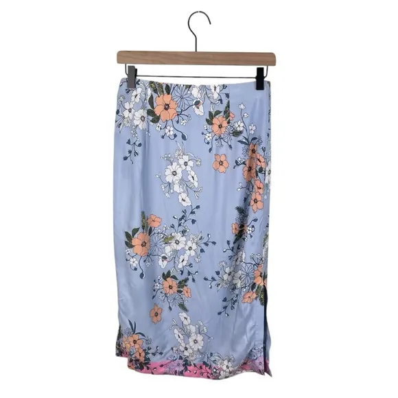 J. Crew Midi Slip Skirt in Grid Floral Blue Side Slit L7538 Women's Size 2