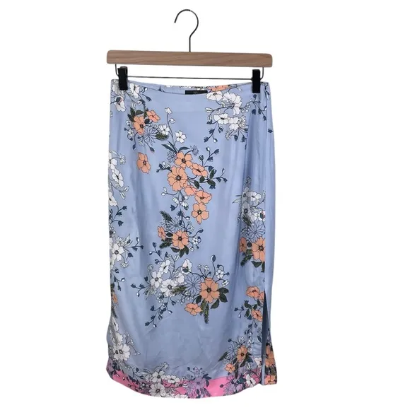 J. Crew Midi Slip Skirt in Grid Floral Blue Side Slit L7538 Women's Size 2