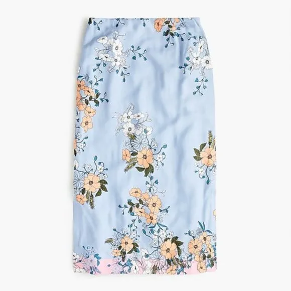 J. Crew Midi Slip Skirt in Grid Floral Blue Side Slit L7538 Women's Size 2