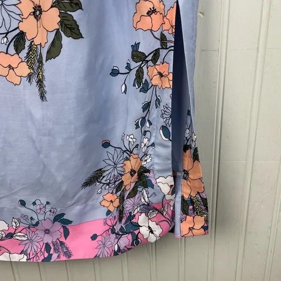 J. Crew Midi Slip Skirt in Grid Floral Blue Side Slit L7538 Women's Size 2