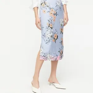 J. Crew Midi Slip Skirt in Grid Floral Blue Side Slit L7538 Women's Size 2
