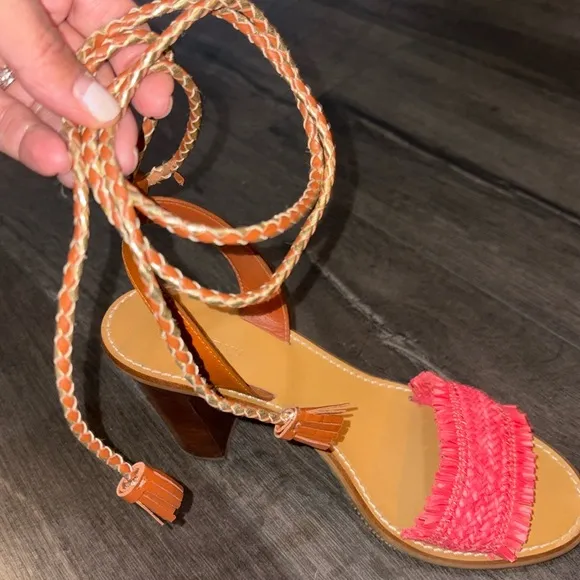 J. Crew Raffia Ankle Tie Block Heel Sandal Size 7 Tan/Pink/Gold