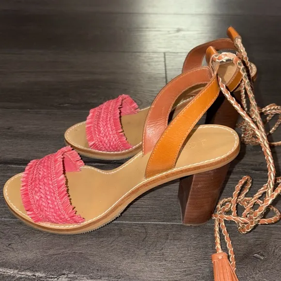 J. Crew Raffia Ankle Tie Block Heel Sandal Size 7 Tan/Pink/Gold
