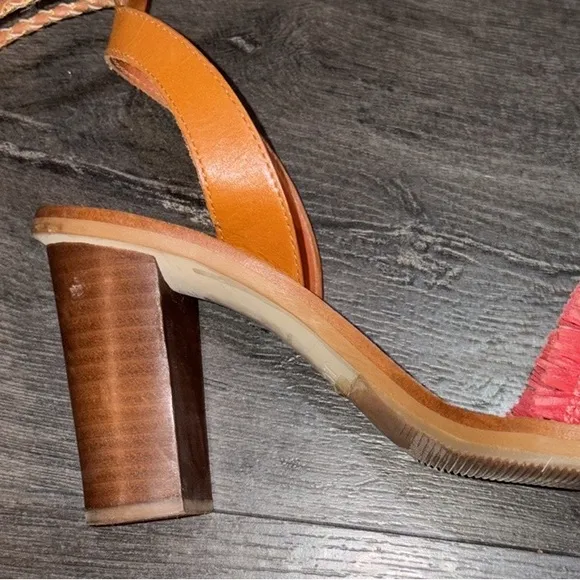 J. Crew Raffia Ankle Tie Block Heel Sandal Size 7 Tan/Pink/Gold