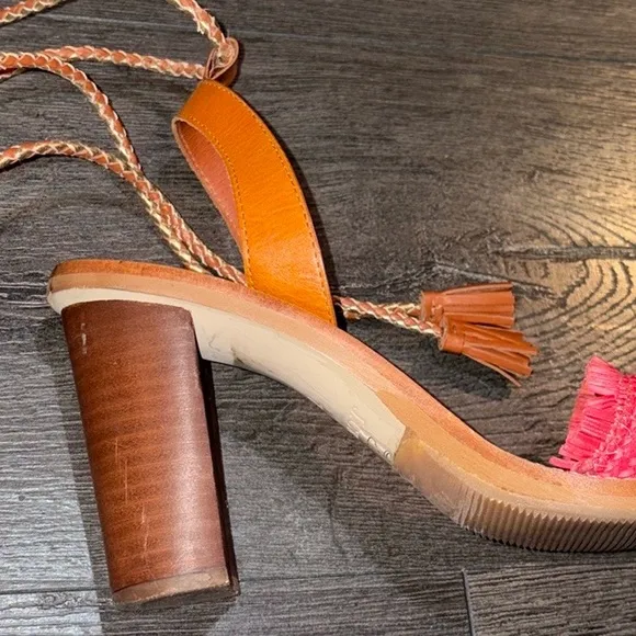 J. Crew Raffia Ankle Tie Block Heel Sandal Size 7 Tan/Pink/Gold