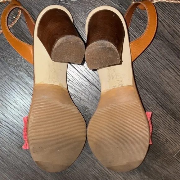 J. Crew Raffia Ankle Tie Block Heel Sandal Size 7 Tan/Pink/Gold