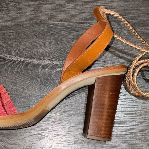 J. Crew Raffia Ankle Tie Block Heel Sandal Size 7 Tan/Pink/Gold