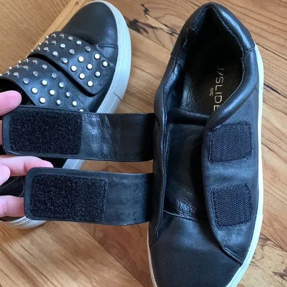 J Slides NYC Accent 6-1/2 black leather silver studded strap Velcro sneakers EUC