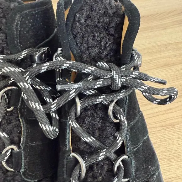 J Slides Womens Black Chunky Shearling Lace Up Boots Size 7.5 Leather Black Boot