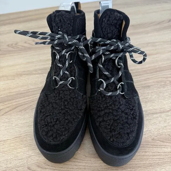J Slides Womens Black Chunky Shearling Lace Up Boots Size 7.5 Leather Black Boot