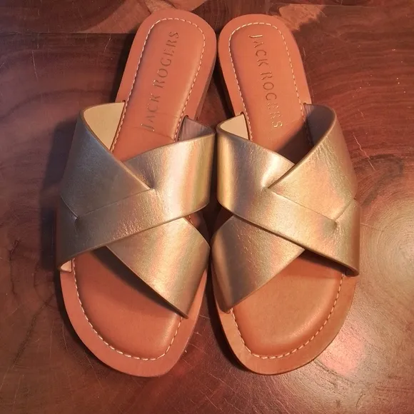 Jack Rogers Slotted Sloane X Band Gold Criss Cross Slides - 6