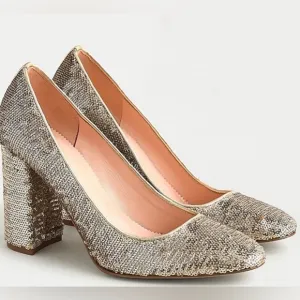 JCrew Holiday Gold Sequined Block Heels NEW!